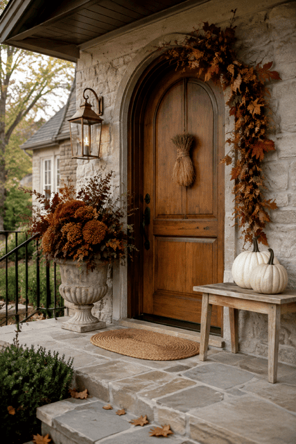 Refined autumn home ideas with an arched wooden door, fall foliage garland, white pumpkins, vintage urn, and natural doormat.