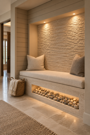 Cozy built-in reading nook featuring a thick cream upholstered bench cushion, neutral throw pillows, textured stone accent wall, woven basket, and warm recessed lighting.