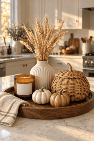 Cozy neutral fall kitchen décor featuring a walnut tray, ivory ribbed vase with natural dried wheat, amber candle, woven pumpkin basket, ceramic pumpkins, and a beige plaid towel.