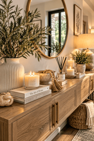 Warm modern entryway featuring a natural wood console cabinet with brass handles, oversized round wall mirror, textured ceramic vase with olive branches, neutral decorative books, scented candles, reed diffuser, wooden bead garland, potted greenery, table lamp, woven basket, and cozy throw blanket.