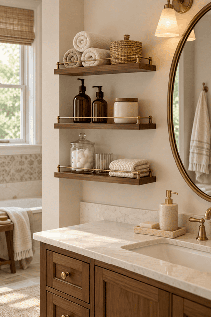 Black metal and dark wood bathroom shelf with woven towel baskets, toiletries, tray, and wire toilet paper basket.