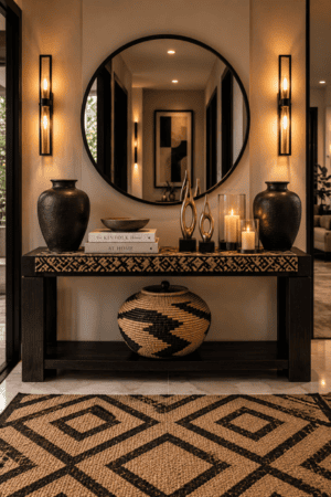 Modern luxury entryway featuring black wood console table, oversized round black wall mirror, warm vertical wall sconces, textured black ceramic vases, gold abstract sculptures, glass pillar candle holders, decorative books, patterned console runner, woven basket, and black natural geometric area rug.
