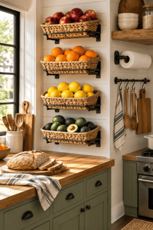 Bright farmhouse kitchen featuring four wall-mounted woven fruit baskets, black metal storage racks, wooden cutting boards, cooking utensils, a paper towel holder, and open shelving.