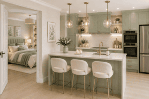 Sage green kitchen with white island countertop, cream upholstered bar stools, brass legs, glass globe pendant lights, gold faucet, white tile backsplash, botanical wall art, ceramic vases, candles, greenery and wooden cutting boards.