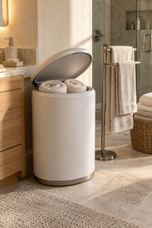Neutral modern bathroom featuring a touchless bathroom trash can with lid, freestanding towel rack, beige cotton towels, woven storage basket and natural wood vanity.