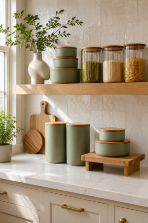 Sage green kitchen storage canisters with glass pantry jars and bamboo lids