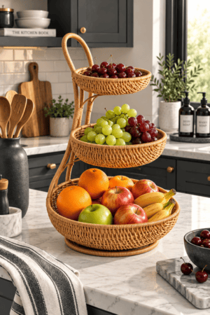 Three-tier woven wicker fruit basket displayed on a modern kitchen counter and filled with grapes, oranges, apples, bananas, and berries, surrounded by dark cabinetry, wooden utensils, greenery, ceramic accessories, and neutral striped kitchen linens.