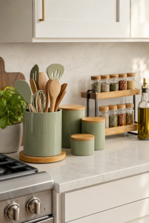 Sage green kitchen countertop essentials with canisters, utensil holder, spice jars and wooden accents