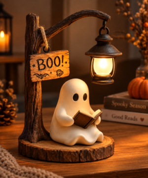 Cute white ghost reading a book beneath glowing vintage lantern with rustic BOO sign, wood base, pumpkins and cozy Halloween tabletop decorations.