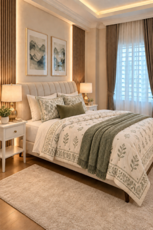 Elegant ivory bedding set decorated with sage botanical prints, coordinating shams, green accent cushion, and knitted throw in a warmly illuminated bedroom.