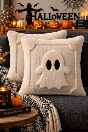 Cream tufted ghost Halloween pillows styled on dark sofa with chunky knit throw, glowing pumpkins, candles, bats and cozy Halloween living room decorations.