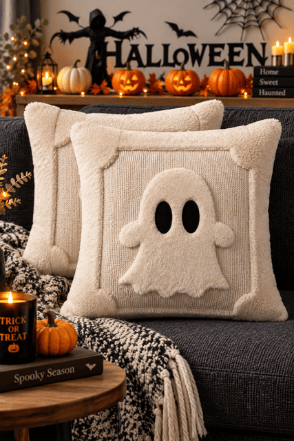 Cream tufted ghost Halloween pillows styled on dark sofa with chunky knit throw, glowing pumpkins, candles, bats and cozy Halloween living room decorations.