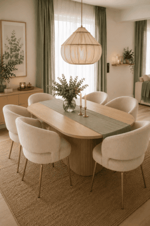 Sage green and cream dining room with natural wood dining table, six cream upholstered dining chairs, sage green table runner, glass eucalyptus vase, brass candle holders, large neutral pendant light, textured area rug, sage curtains, white sheer curtains, botanical artwork, wood sideboard, floating shelf, candles, and greenery.