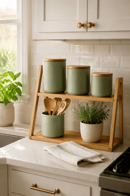Amazon Kitchen Finds featuring a two-tier bamboo countertop shelf with sage-green canisters and wooden utensils