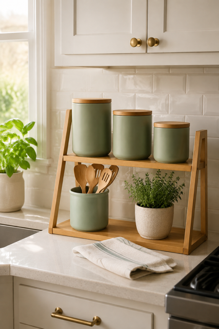 Sage green kitchen countertop decor with canisters and wooden organizer