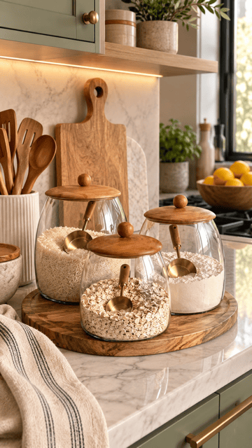Amazon Kitchen Finds clear glass pantry canisters with wooden lids and scoops storing rice, flour, and oats