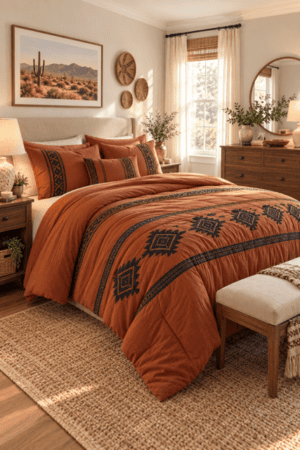 Terracotta comforter with navy geometric bands and matching pillows styles a sunlit Southwestern bedroom with wood furniture, woven rugs, desert artwork, round mirror, basket accents, and leafy greenery throughout beautifully.