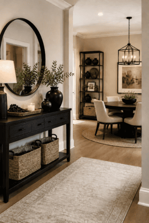 Elegant neutral entryway and dining decor featuring a black console table, oversized round black mirror, decorative black vases, greenery, woven baskets, neutral runner rug, round dining table, upholstered chairs, and black statement chandelier.