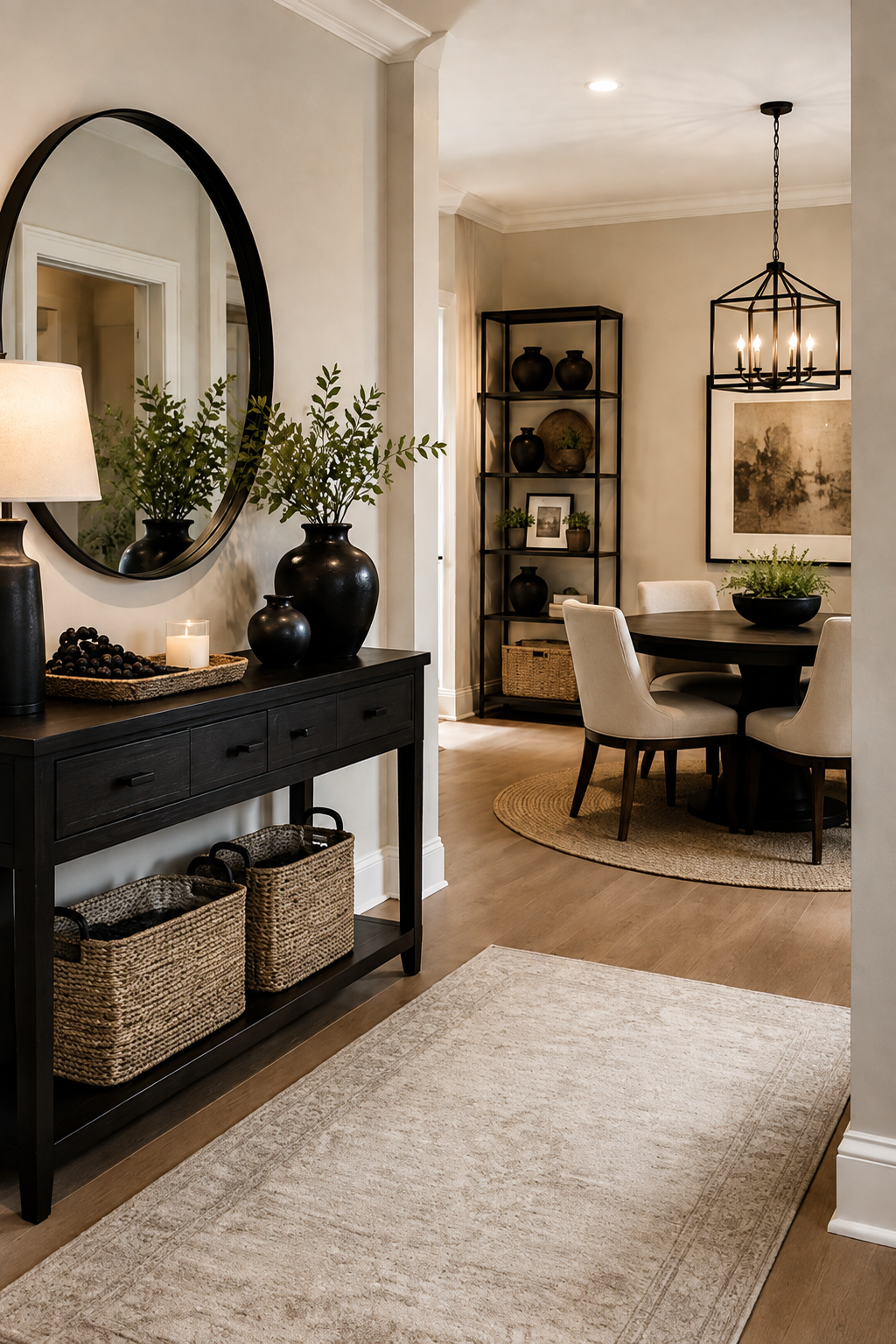 Elegant neutral entryway and dining decor featuring a black console table, oversized round black mirror, decorative black vases, greenery, woven baskets, neutral runner rug, round dining table, upholstered chairs, and black statement chandelier.