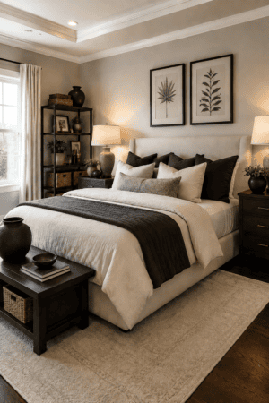 Cozy black and cream bedroom decor featuring a cream upholstered bed, layered neutral bedding, charcoal throw blanket, black accent pillows, dark wood nightstands, warm table lamps, botanical wall art, neutral area rug, and modern shelving.