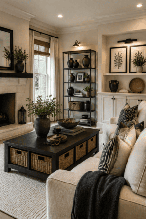 Cozy neutral living room decor featuring a cream sofa, black patterned pillows, dark wood coffee table, woven storage baskets, black shelving, botanical wall art, warm lighting, greenery, and elegant black-and-cream American home accents.