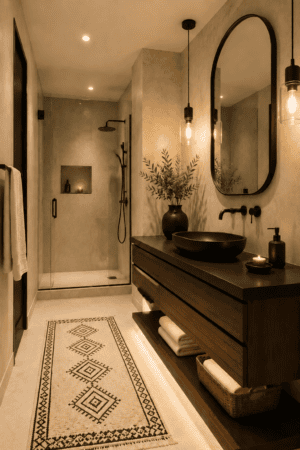 Warm modern neutral bathroom decor with beige stone walls, black vessel sink, wood floating vanity, oversized black framed mirror, glass pendant lights, black shower fixtures, patterned runner rug, woven basket, and natural greenery.
