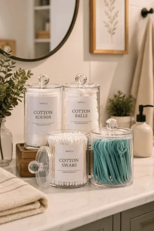Four clear bathroom canisters organize cotton rounds, cotton balls, swabs, and teal floss picks on a marble vanity beside towels, greenery, soap dispenser, framed artwork, and round mirror in view.