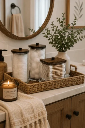 Clear wood-lidded canisters hold cotton pads, cotton balls, swabs, and beauty essentials inside a woven tray beside eucalyptus, a sandalwood candle, textured towel, soap dispenser, and round mirror above counter.