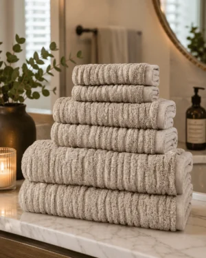 Six plush beige towels with raised striped texture are neatly stacked on a marble bathroom vanity beside a glowing candle, eucalyptus vase, amber soap dispenser, and round wall mirror above.