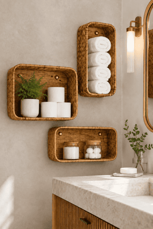 Natural woven bathroom wall shelves in different sizes displaying rolled white towels, greenery, cotton balls, bath salts, and decorative accessories above a warm wood vanity in a soft neutral bathroom.