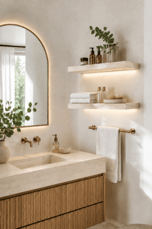 Modern floating bathroom shelves in a light neutral stone finish with warm integrated lighting, folded white towels, amber toiletry bottles, greenery, bath accessories, brass fixtures, and an arched mirror.