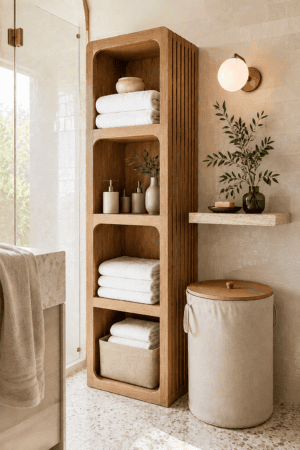 Tall wooden bathroom storage cabinet with multiple open shelves holding neatly folded white towels, neutral storage basket, toiletries, and decorative accessories in a warm modern spa-inspired bathroom interior.