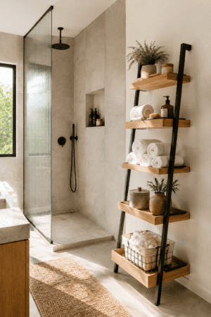 Wood and black bathroom ladder shelf featuring a slim black metal frame, warm wooden shelves, rolled white towels, woven storage basket, decorative jars, greenery, and bath essentials beside a modern walk-in shower.