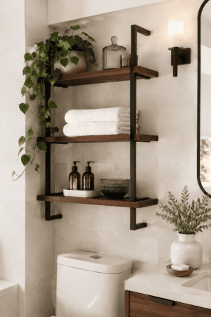 Dark wood bathroom wall shelf with black metal supports displaying folded white towels, amber toiletry bottles, trailing green plants, decorative glass accessories, and organic décor above a toilet in a warm neutral bathroom.