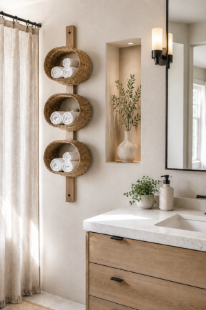 Woven bathroom towel wall organizer featuring three round natural fiber baskets filled with neatly rolled white towels, mounted vertically beside a light wood vanity in a warm neutral modern bathroom.