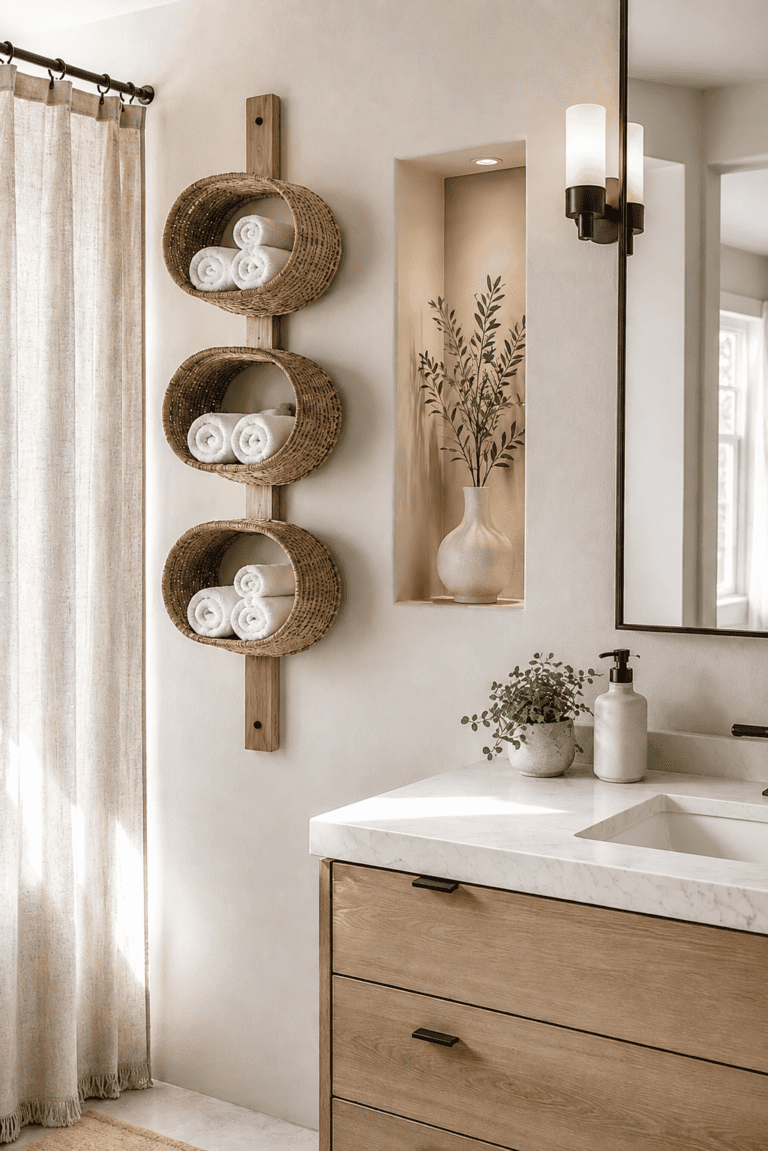 Woven bathroom towel wall organizer featuring three round natural fiber baskets filled with neatly rolled white towels, mounted vertically beside a light wood vanity in a warm neutral modern bathroom.