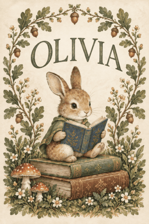 Personalized woodland nursery wall art set featuring six vintage storybook animal prints with rabbits, fox, deer, forest scenes, and a custom child name design.