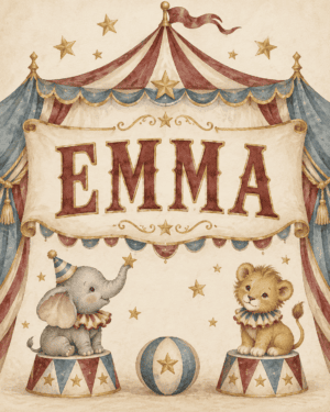 Personalized vintage circus nursery wall art featuring the name Emma with a circus tent design and sweet animal characters in soft storybook style.