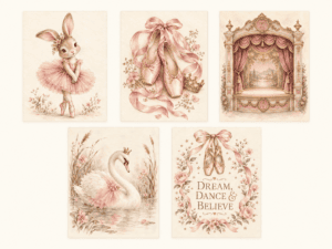 Personalized vintage ballerina nursery wall art set featuring bunny ballerina, ballet shoes, ballet stage, swan artwork, and dreamy pink nursery prints.