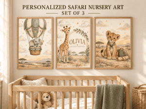 Personalized safari nursery wall art set of three featuring an elephant hot air balloon, custom name giraffe print, and little tiger nursery artwork.