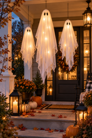Three glowing hanging ghost Halloween decorations displayed on a warmly lit fall porch with pumpkins, lanterns, autumn flowers, and seasonal leaves.