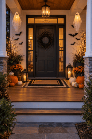 Halloween front porch decorated with two glowing hanging ghosts, black bats, pumpkins, candle lanterns, orange flowers, and a dark seasonal wreath.