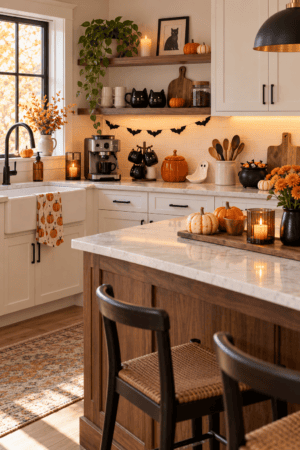 Bright kitchen decorated with black cat mugs, orange pumpkins, bat garland, ghost ornament, candles, autumn flowers, and Halloween accessories.