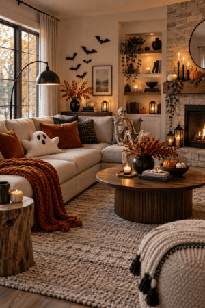 Neutral living room decorated with a ghost pillow, skeleton, black wall bats, orange knitted throw, pumpkins, candles, lanterns, and autumn foliage.
