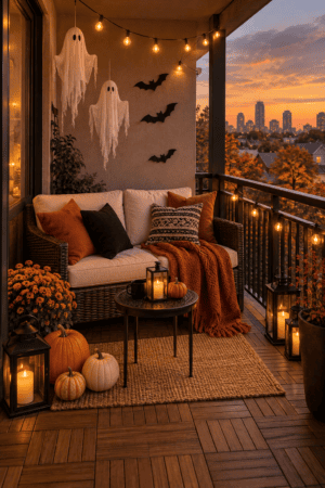 Cozy apartment balcony decorated with hanging white ghosts, black bats, orange pillows, pumpkins, candle lanterns, string lights, and fall flowers.