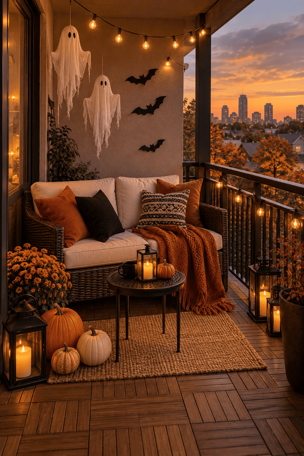 Cozy apartment balcony decorated with hanging white ghosts, black bats, orange pillows, pumpkins, candle lanterns, string lights, and fall flowers.