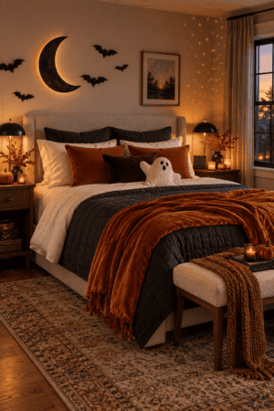 Elegant Halloween bedroom featuring black and orange bedding, a ghost pillow, glowing crescent moon, wall bats, pumpkins, candles, and fairy lights.