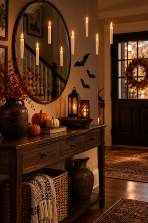 Cozy Halloween entryway decorated with floating candles, black bats, pumpkins, rustic wooden console table, lanterns and warm autumn floral accents.