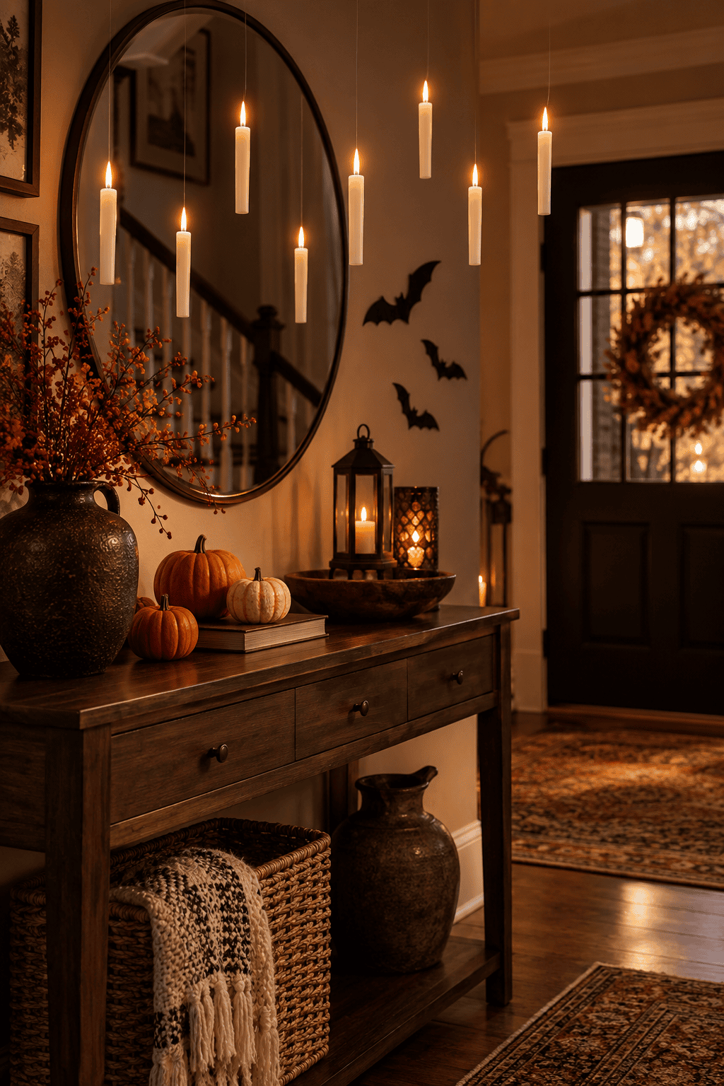Warm Halloween entryway featuring floating LED candles, black wall bats, a round mirror, pumpkins, lanterns, autumn branches, and a wooden console table.