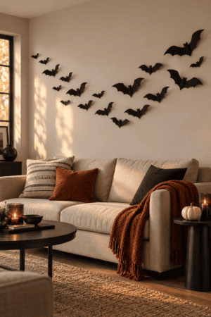 Modern neutral living room decorated with a large flock of black three-dimensional bats, orange pillows, a chunky throw, candles, and pumpkins.